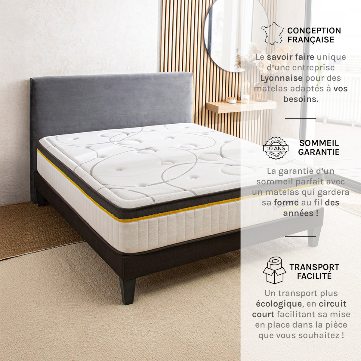 Matelas Hybride Bellecour 3.0, Soutien Ferme, 30 cm, Ressorts Ensachés & Mémoire de Forme