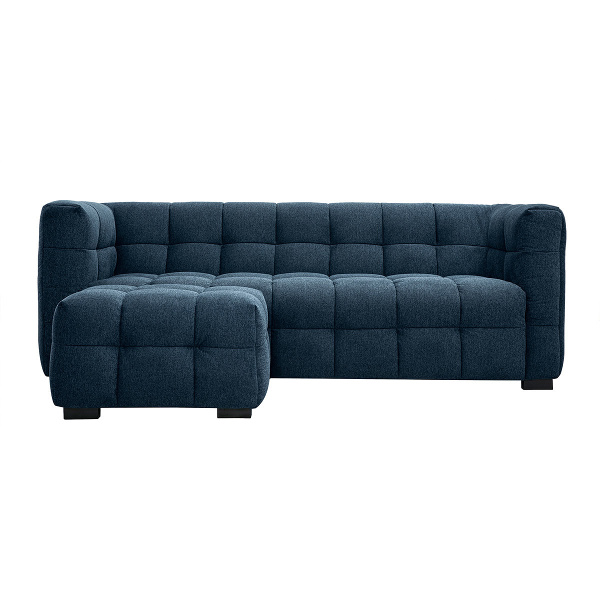 Canapé design 3 places et repose-pieds en tissu effet velours texturé bleu foncé CORTO