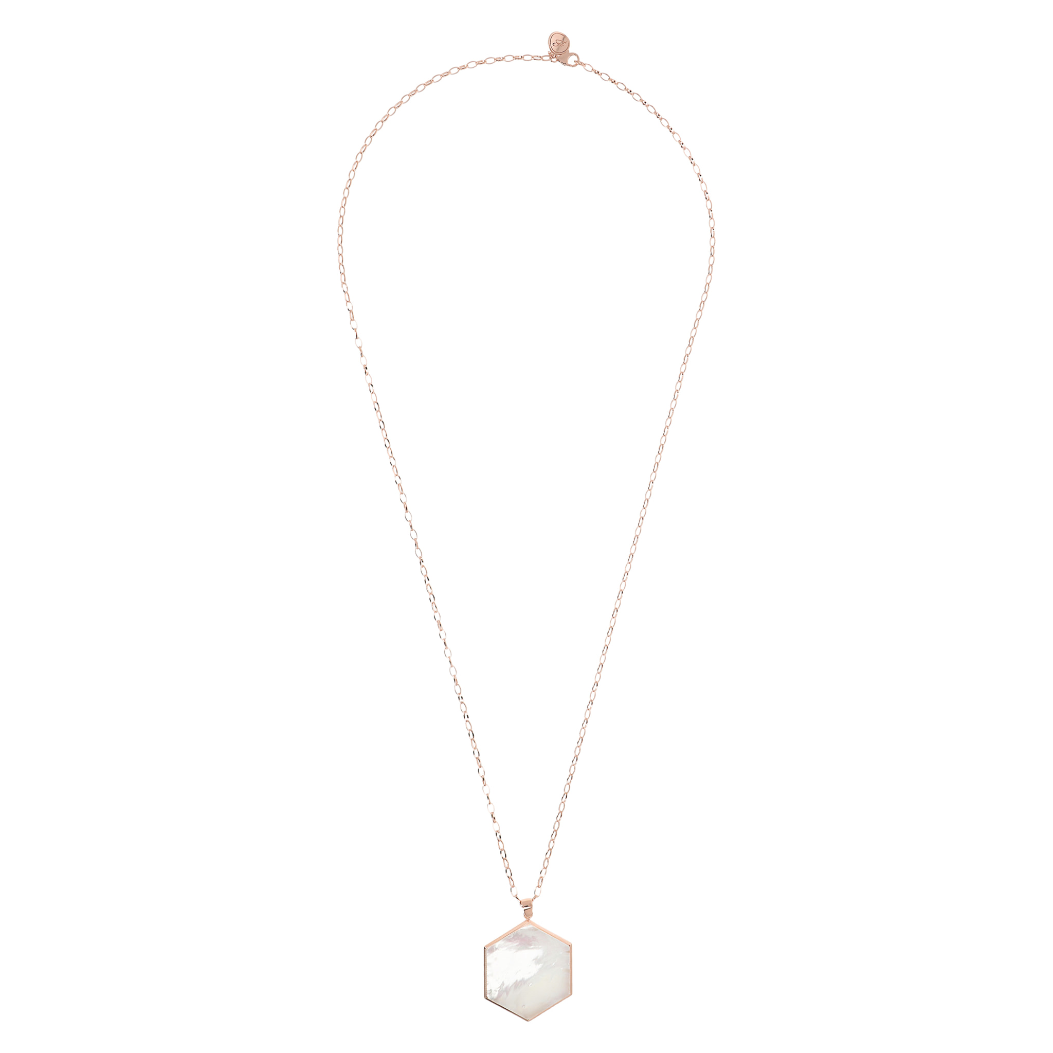 Collana Lunga Catena Rolo con Pendente Esagono Grande in Madreperla Bianca