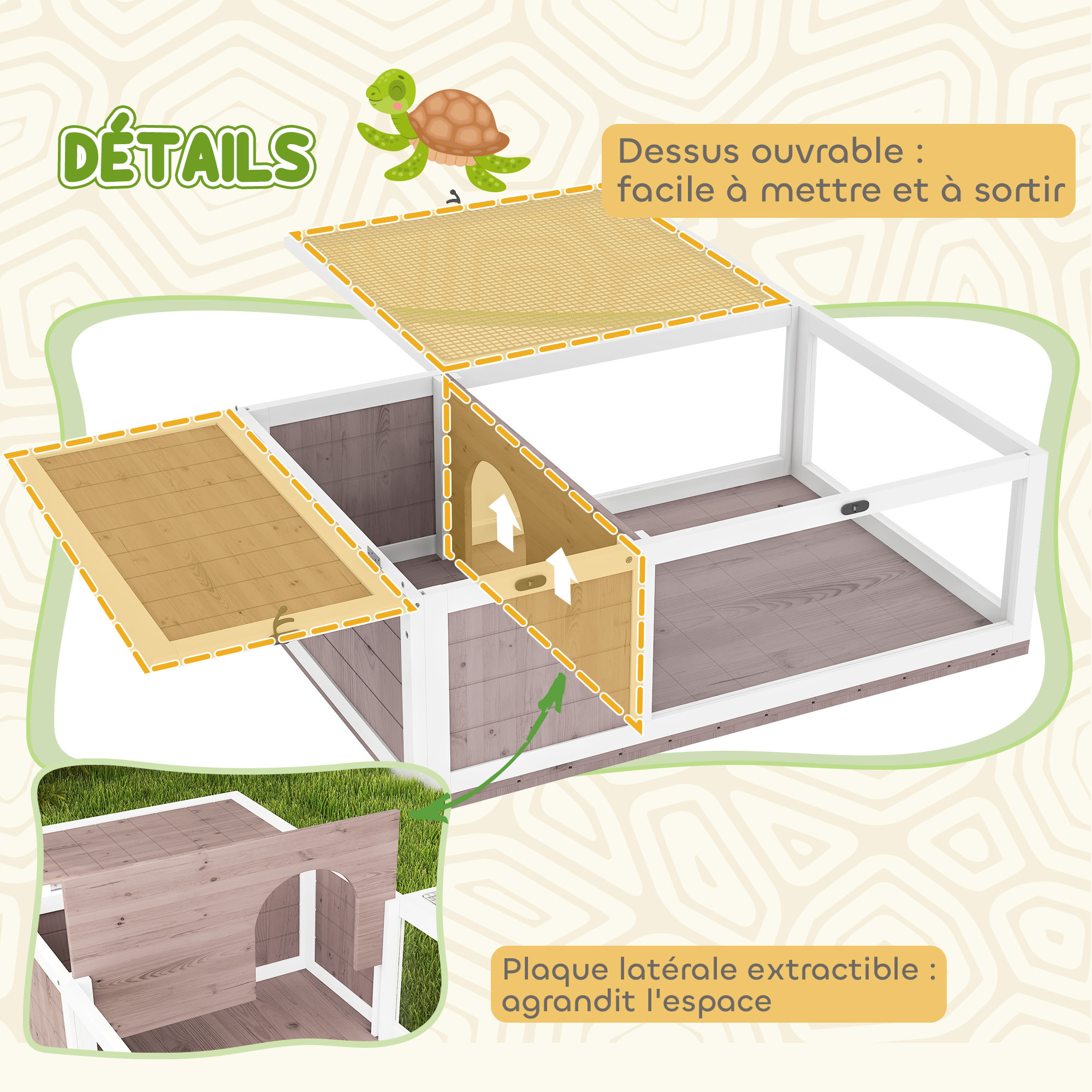 Enclos pour tortue - parc pour tortue - niche, enclos extérieur, toits ouvrants verrouillables - plexiglas métal sapin taupe