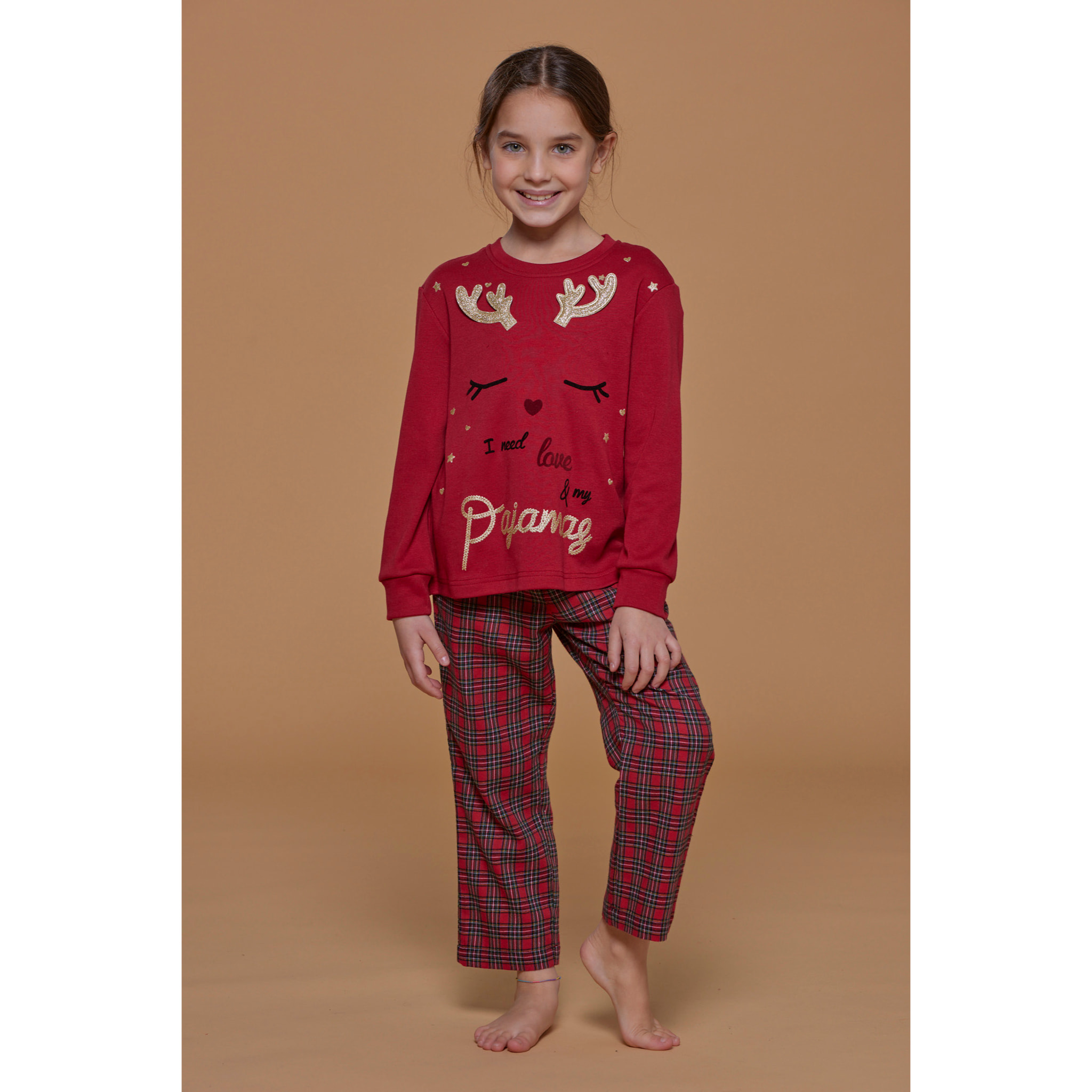 Pigiama bambina top caldo cotone e pantaloni flanella renna Noidinotte