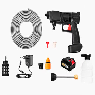 Pistola de lavado a presión con doble batería, 3 adaptadores de lavado diferentes, 300W de potencia y 30 bares de presión.