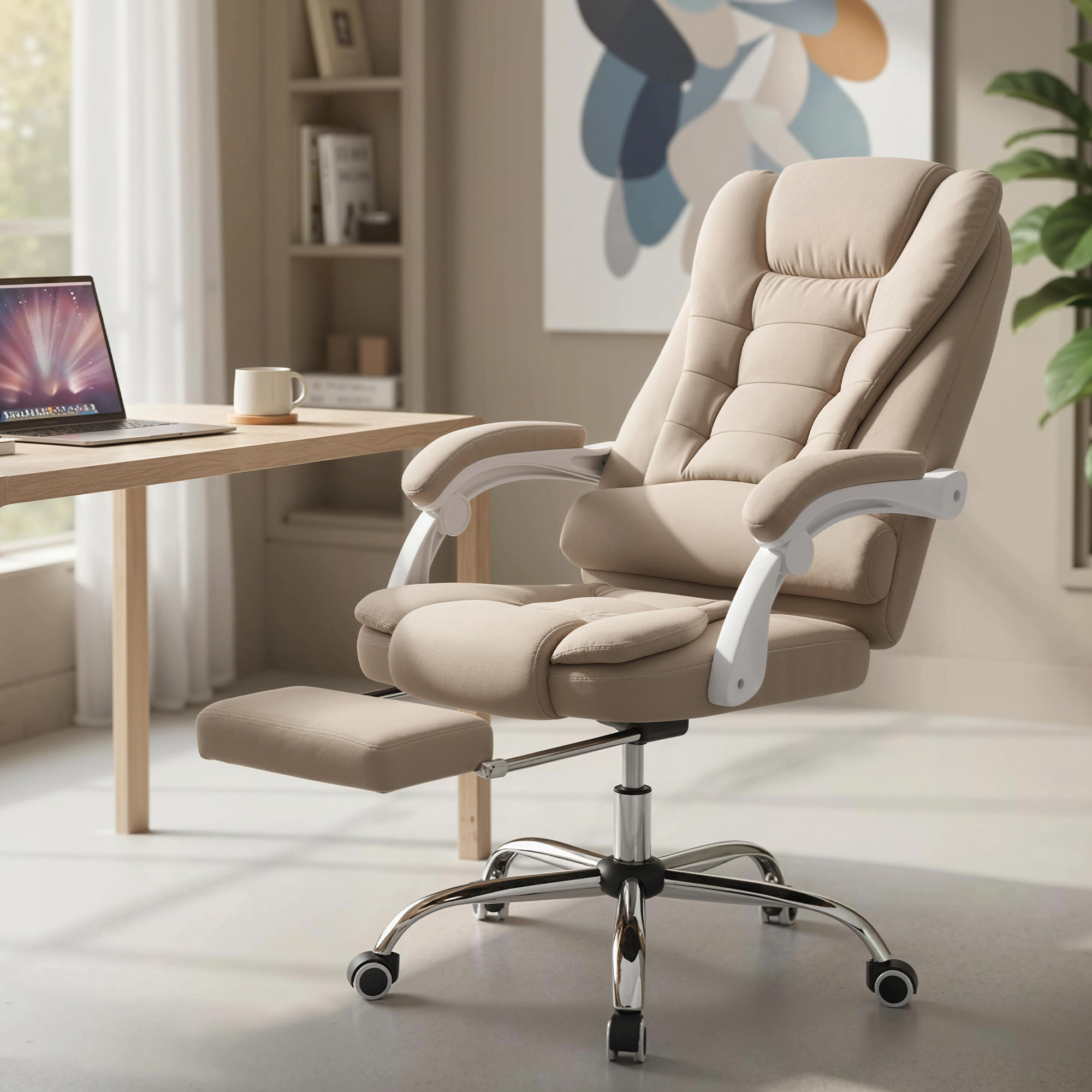 Fauteuil de bureau direction massant chauffant hauteur réglable dossier inclinable tissu beige