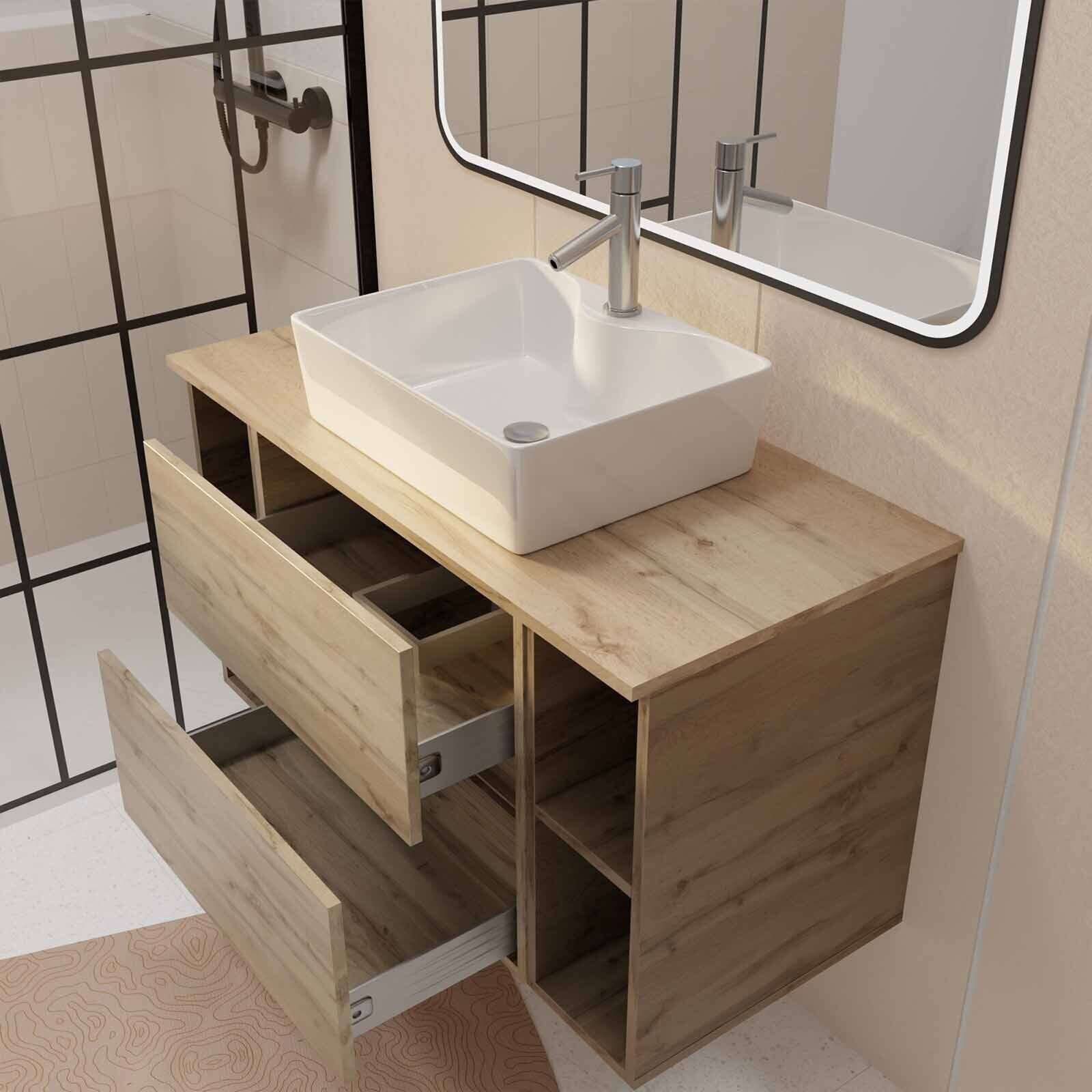Meuble de salle de bains 100cm TIMBER Décor Chêne 2 Tiroirs - Vasque Rectangulaire Blanche