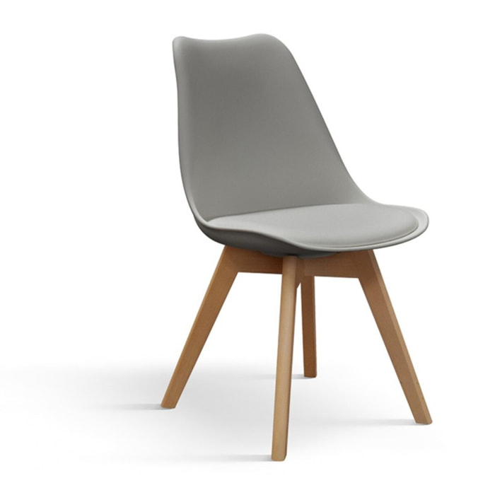 Set di 4 sedie WYNWOOD in polipropilene grigio, cuscino ecopelle, gambe in legno di faggio, 47x52x82 cm