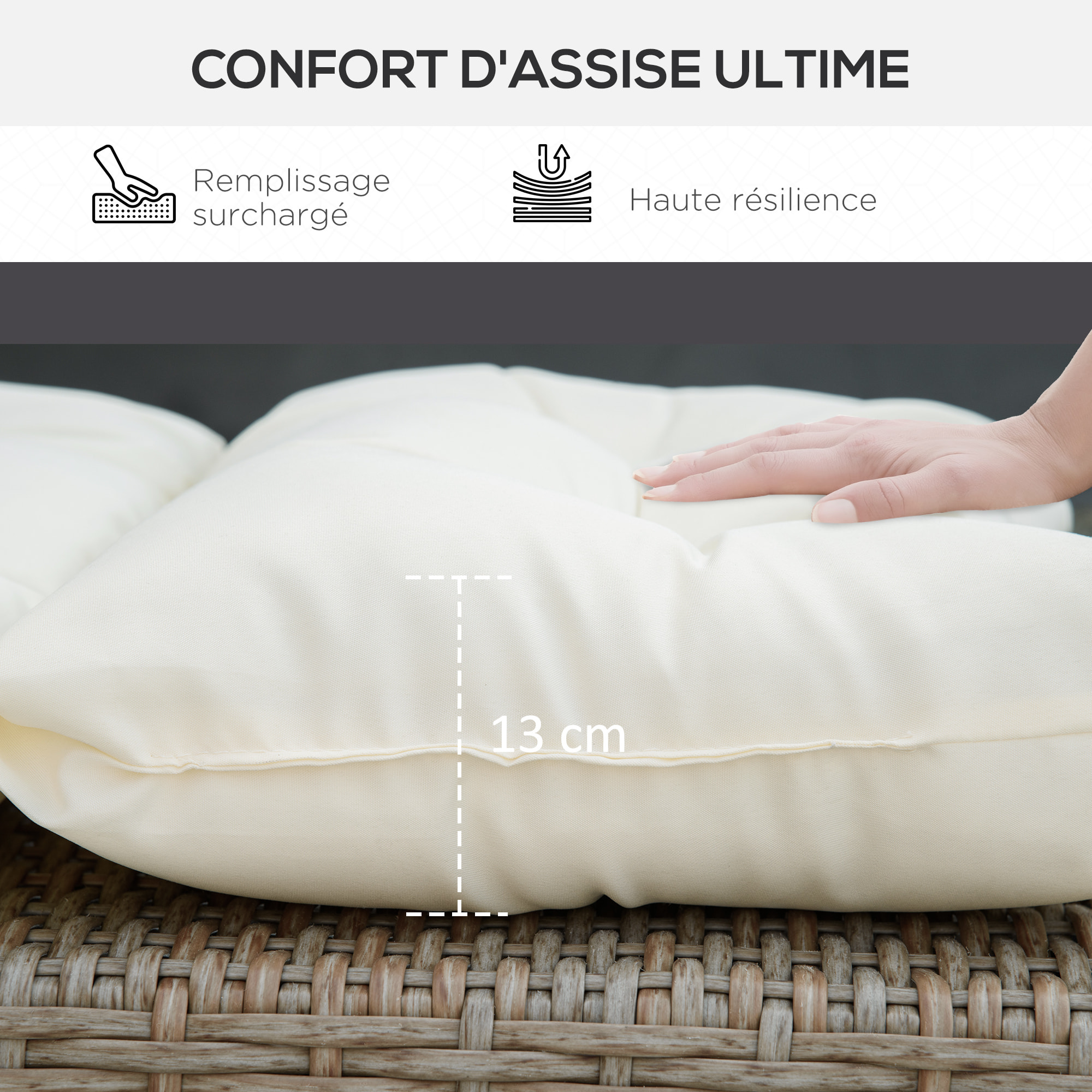 Coussin bain de soleil - coussin matelassé chaise longue - dim. 200L x 60l cm - ép. 13 cm - attaches - polyester crème