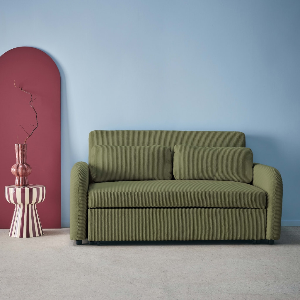 Canapé convertible arrondi 2 places velours côtelé kaki L 168 x P 90 x H 88cm - Lino