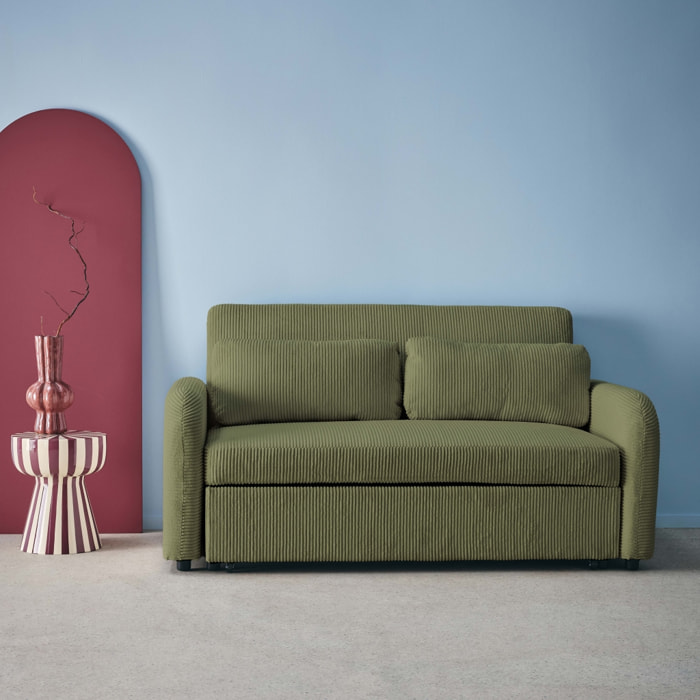 Canapé convertible arrondi 2 places velours côtelé kaki L 168 x P 90 x H 88cm - Lino