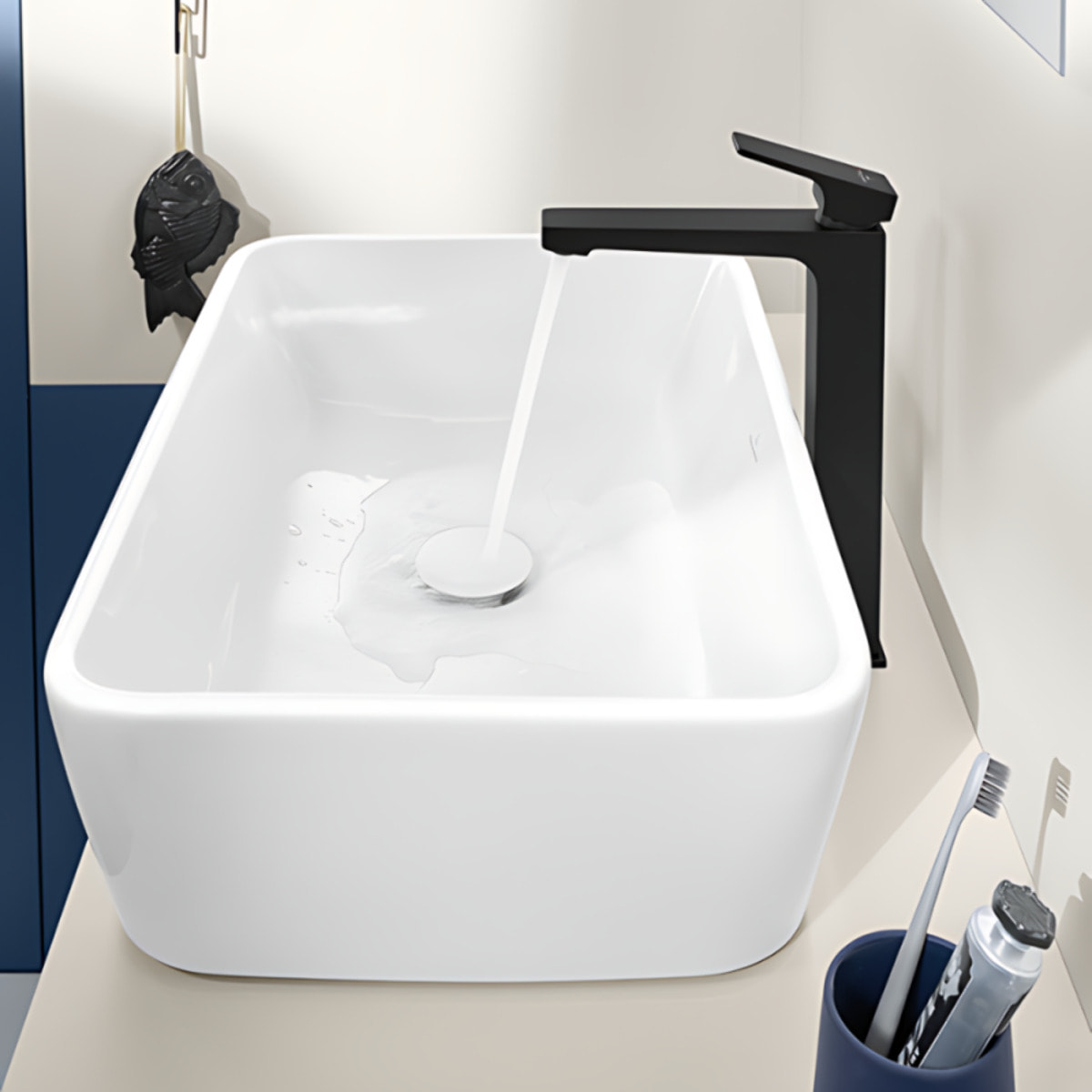 Mitigeur lavabo surélevé Architectura Square avec vidage Push Open Noir mat