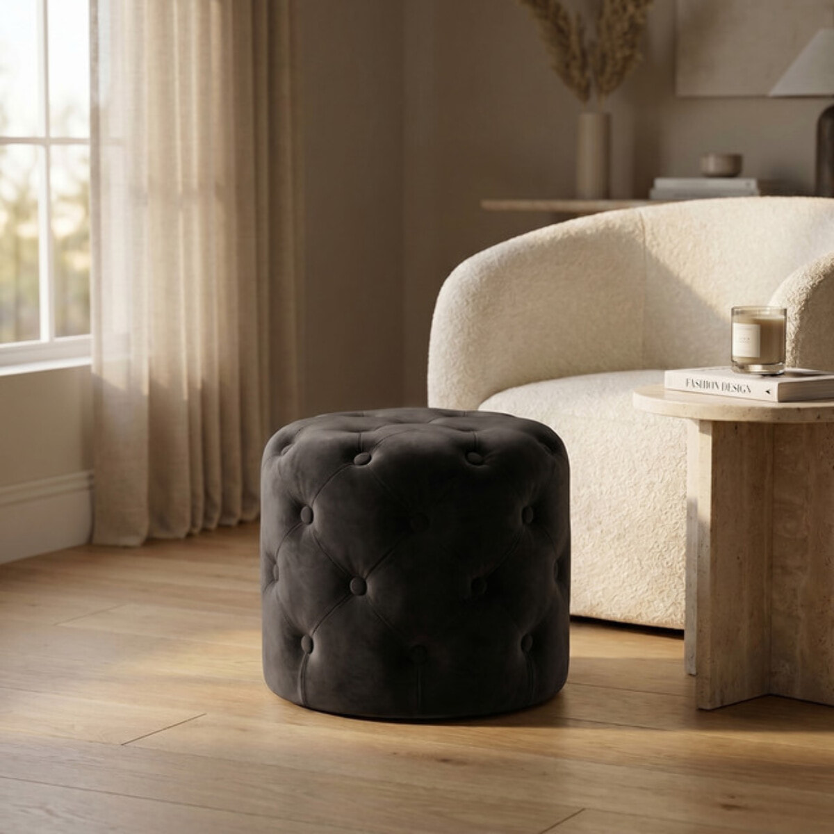 Pouf Poggiapiedi in Velluto Capitonné, Pouf Contenitore Design Moderno, Seduta Imbottita Multiuso per Soggiorno Camera da Letto Living, Complemento d’Arredo Elegante Stile Contemporaneo
