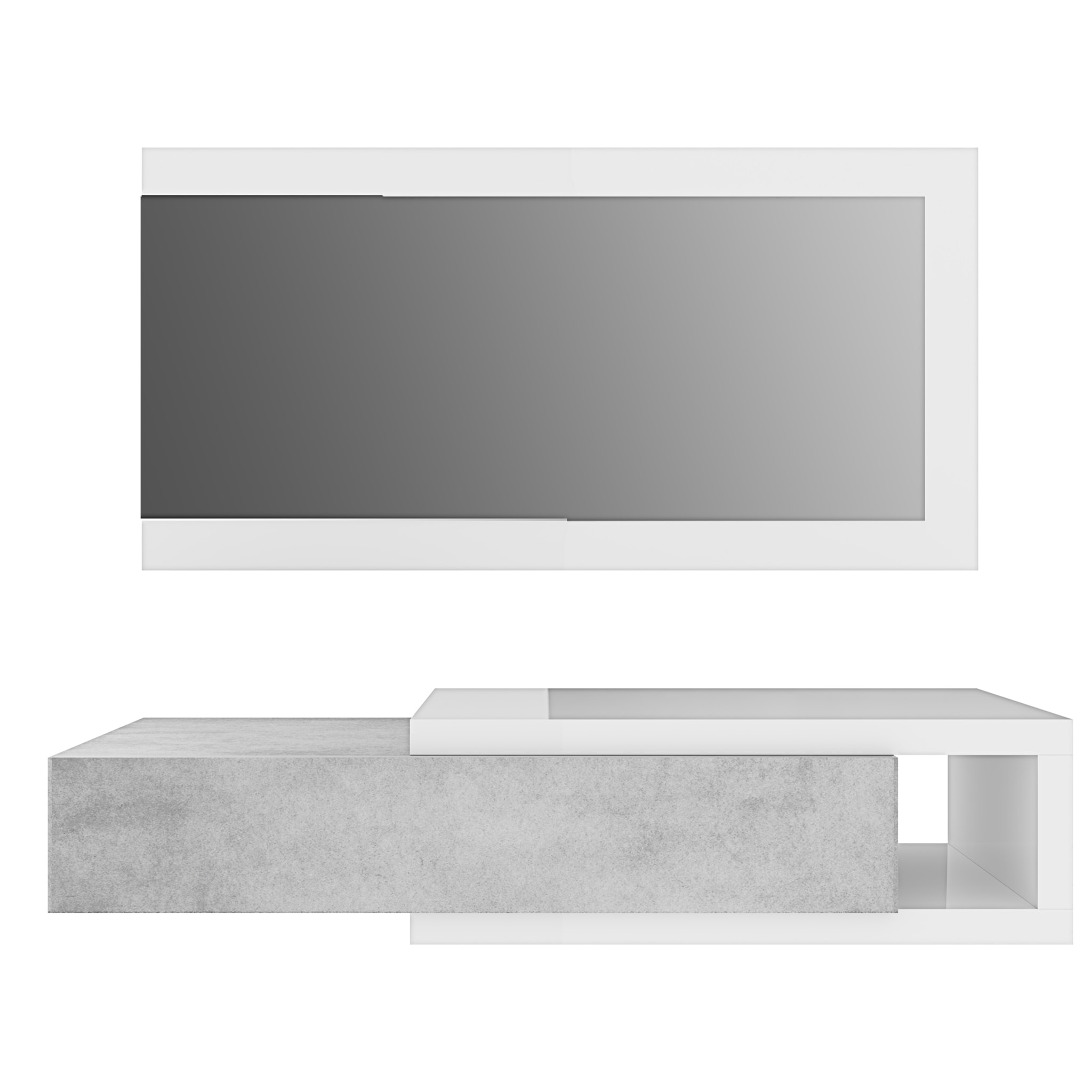 Mobile Maiorca Mobiletto da Ingresso Sospeso con Cassetto Mensola e Specchio Arredo Arredamento Sala 81 x 116 x 29 cm Bianco Lucido e Grigio Cemento