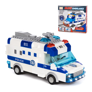 Furgone della polizia con luci ed effetti sonori. Da costruire, 48 pezzi. Modalità di funzionamento automatica 360°.