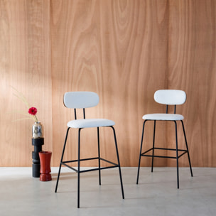 2 tabourets de bar décor bois courbé teinté noyer et tissu déperlant blanc. pieds métal noir mat (lot de 2) - L 44 x P 51 x H 103cm - Erin