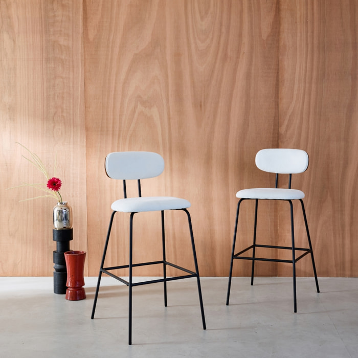 2 tabourets de bar décor bois courbé teinté noyer et tissu déperlant blanc. pieds métal noir mat (lot de 2) - L 44 x P 51 x H 103cm - Erin