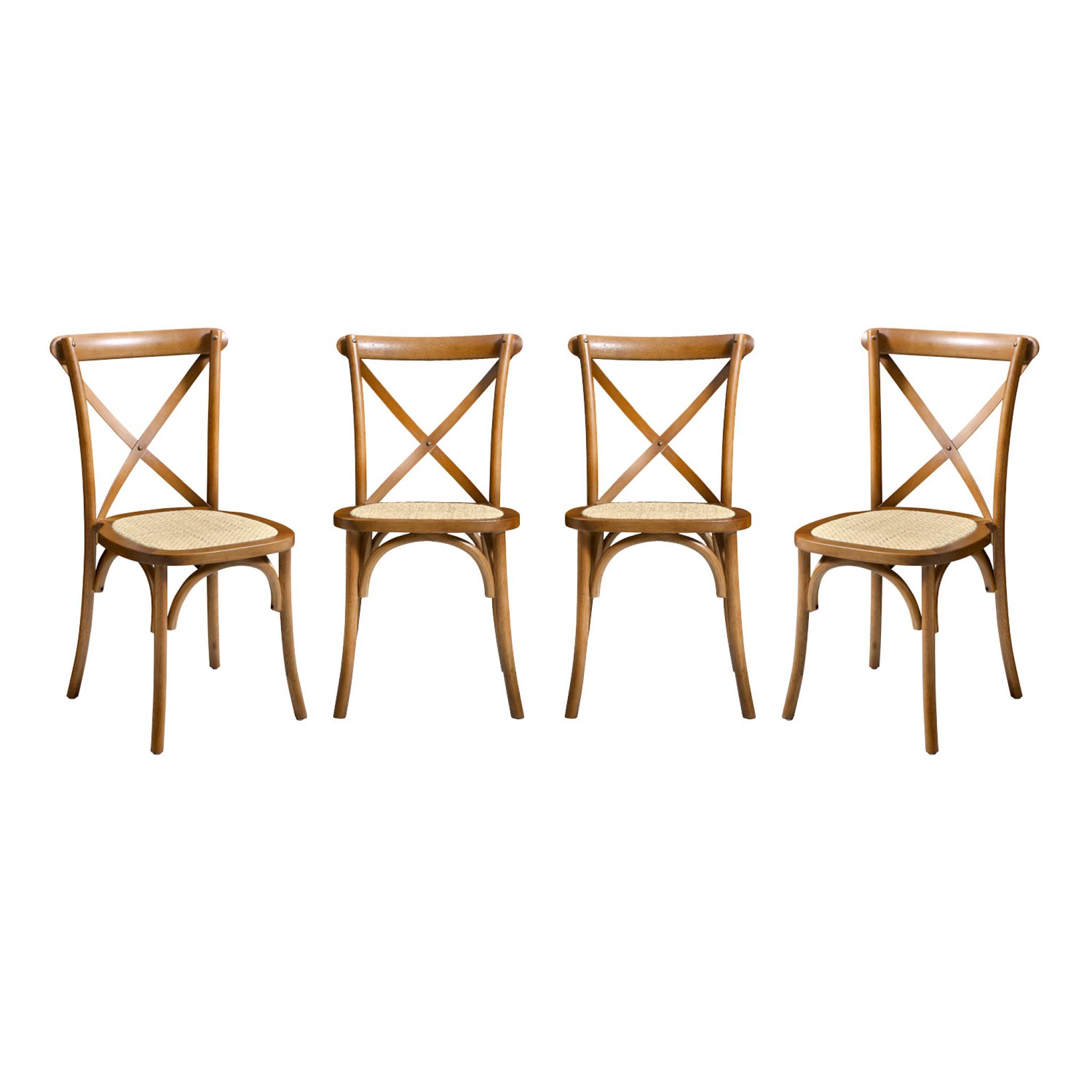 Lot de 4 chaises de bistrot en bois d'hévéa effet noyer. vintage. assise en rotin. empilables