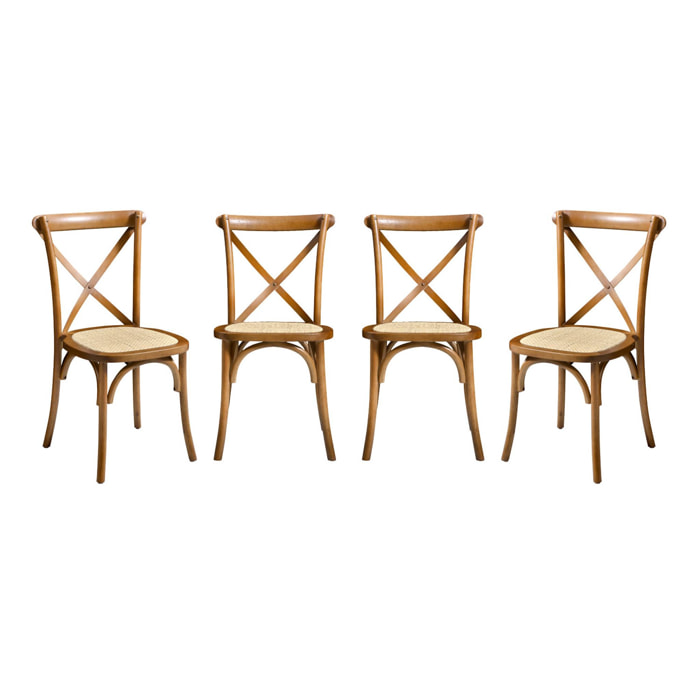 Lot de 4 chaises de bistrot en bois d'hévéa effet noyer. vintage. assise en rotin. empilables