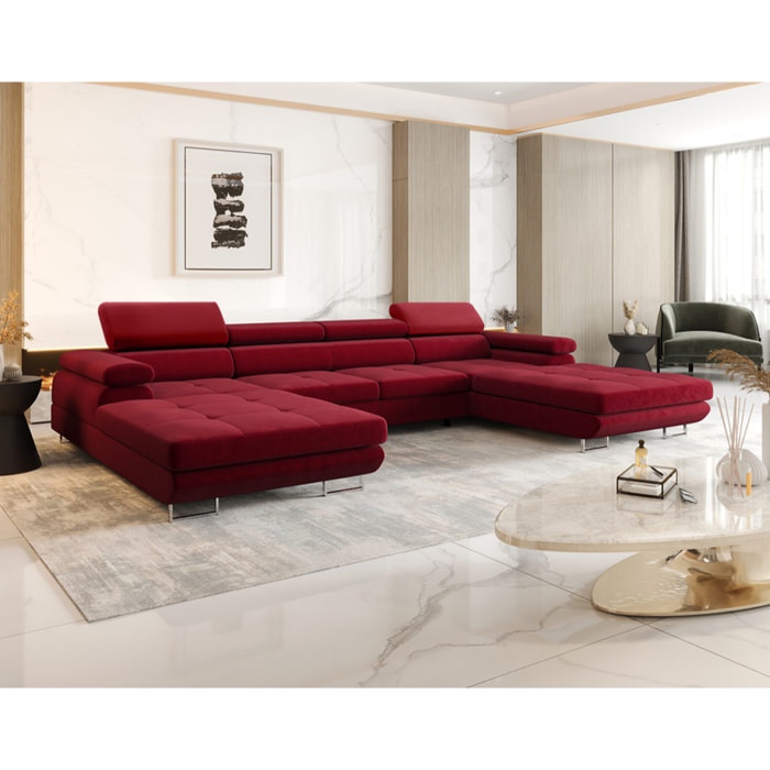 Ayden - Canapé panoramique en U 7 places convertible avec coffre et têtières réglables en tissu - Prune