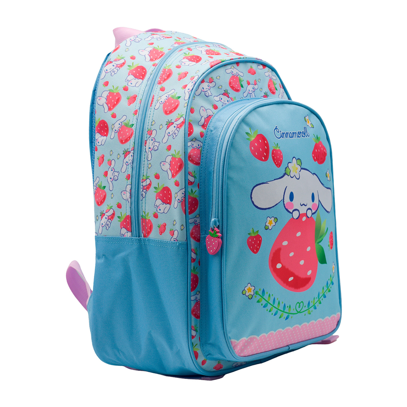 Zaino Primario Cinnamoroll a doppio scomparto, grande capacità e adattabile al carrello. Con accessorio pom pom.