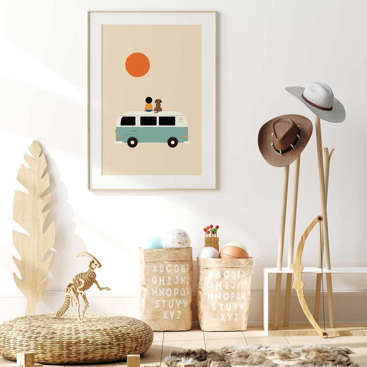 Affiche enfant sur le van  Affiche + cadre en bois - Chêne