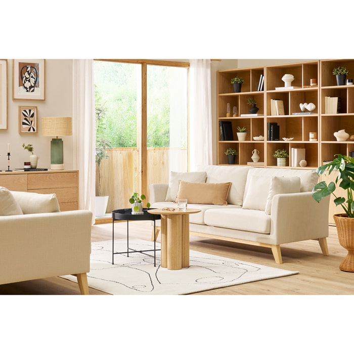 Canapé scandinave déhoussable 3 places en tissu beige et bois clair OSLO