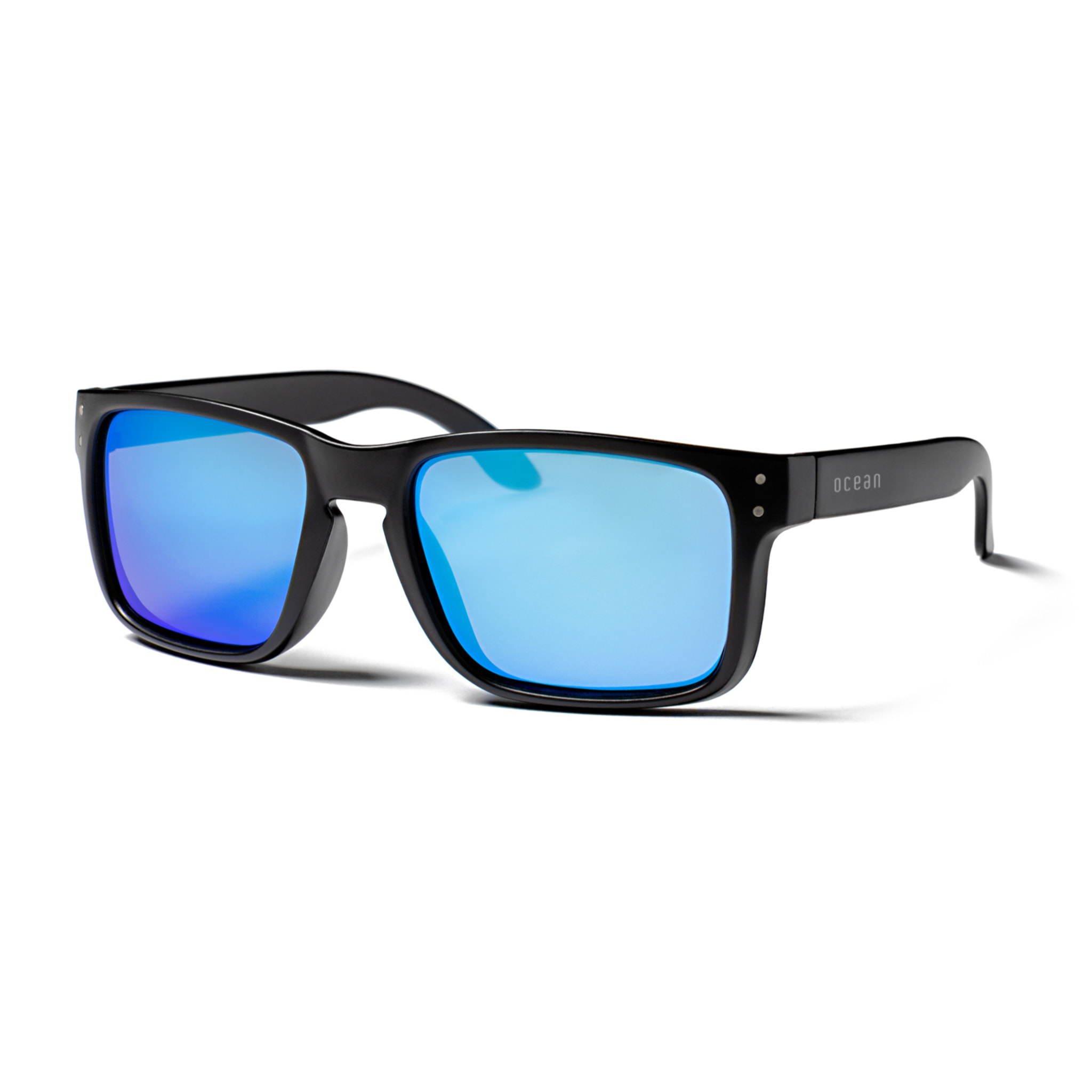 Occhiali da sole OCEAN BLUE MOON - montatura nera opaca con aste in legno e lenti polarizzate Revo blu