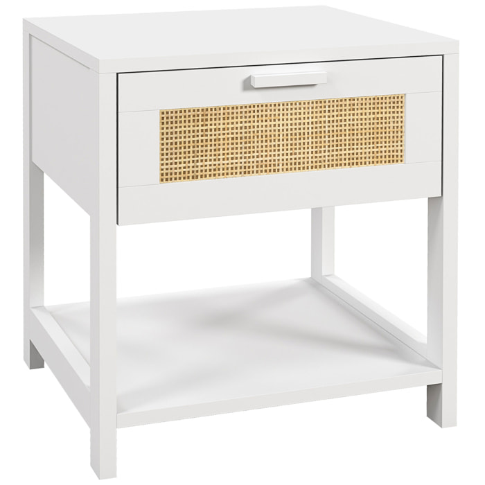 Table de chevet tiroir et étagère cannage en rotin dim. 40L x 40l x 48H cm MDF aspect bois blanc