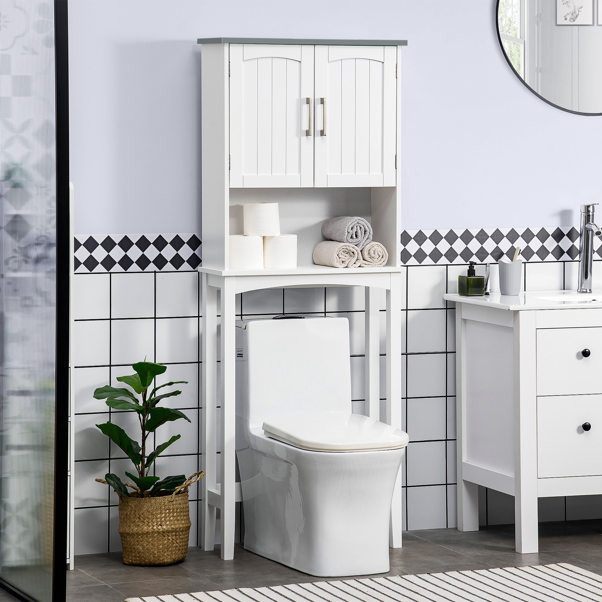 Meuble WC meuble dessus toilettes 2 portes étagère réglable niche dim. 64 x 22 x 165 cm blanc gris
