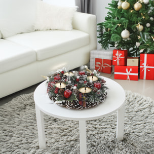 Corona con candelabro en diseño redondo con piñas y detalles rojo 27x8cm