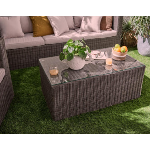 Palavas - salon bas de jardin 5 places + table - en résine tressée - gris avec coussins beiges - Gris / Beige