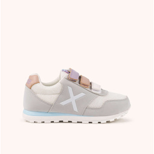 MUNICH DASH KID VCO 2.0 175 Zapatilla Retro Running Infantil Gris con Triple Velcro Pastel y Detalles Azules y Rosas