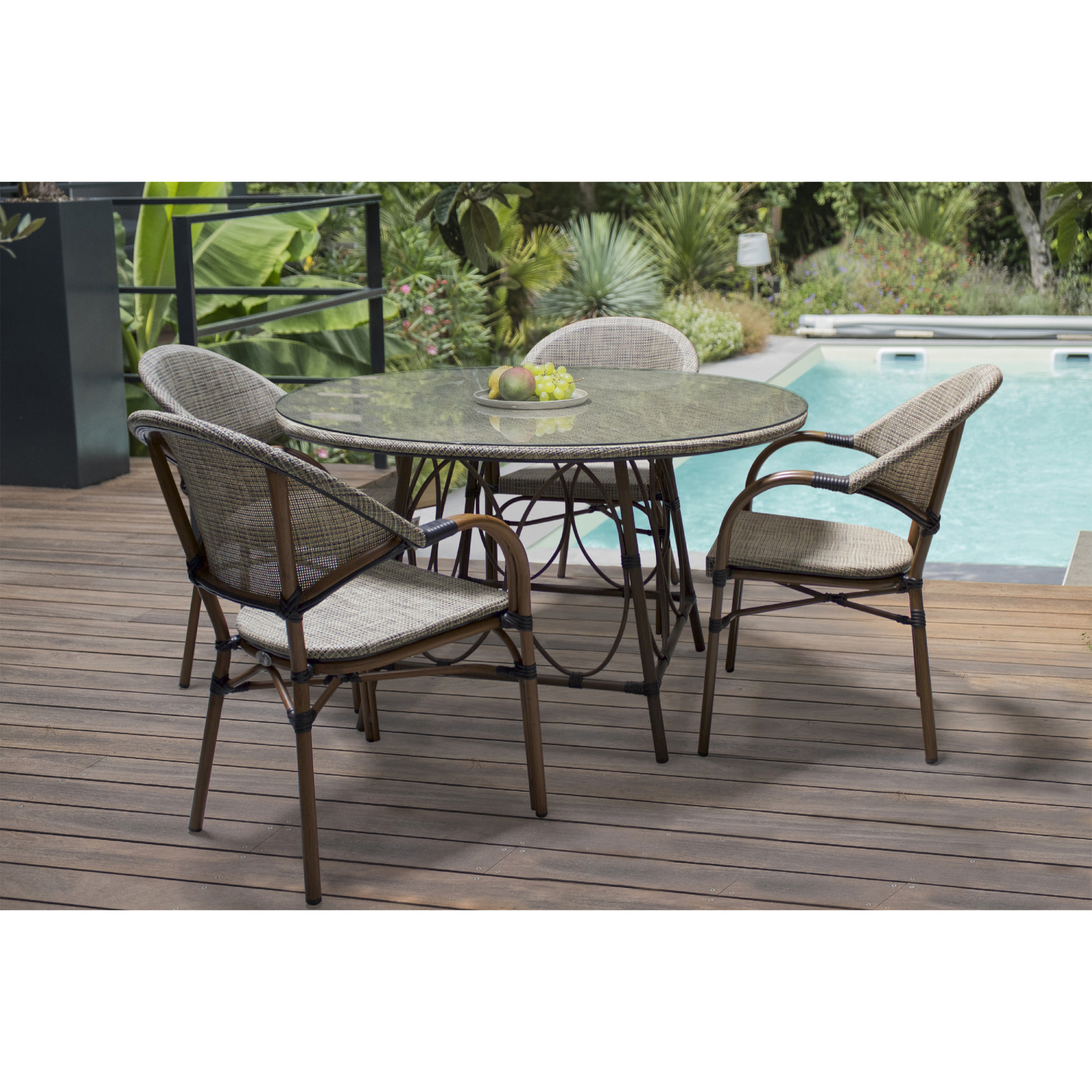 USHUAIA  - Fauteuil de jardin empilable en aluminium marron et textilène beige