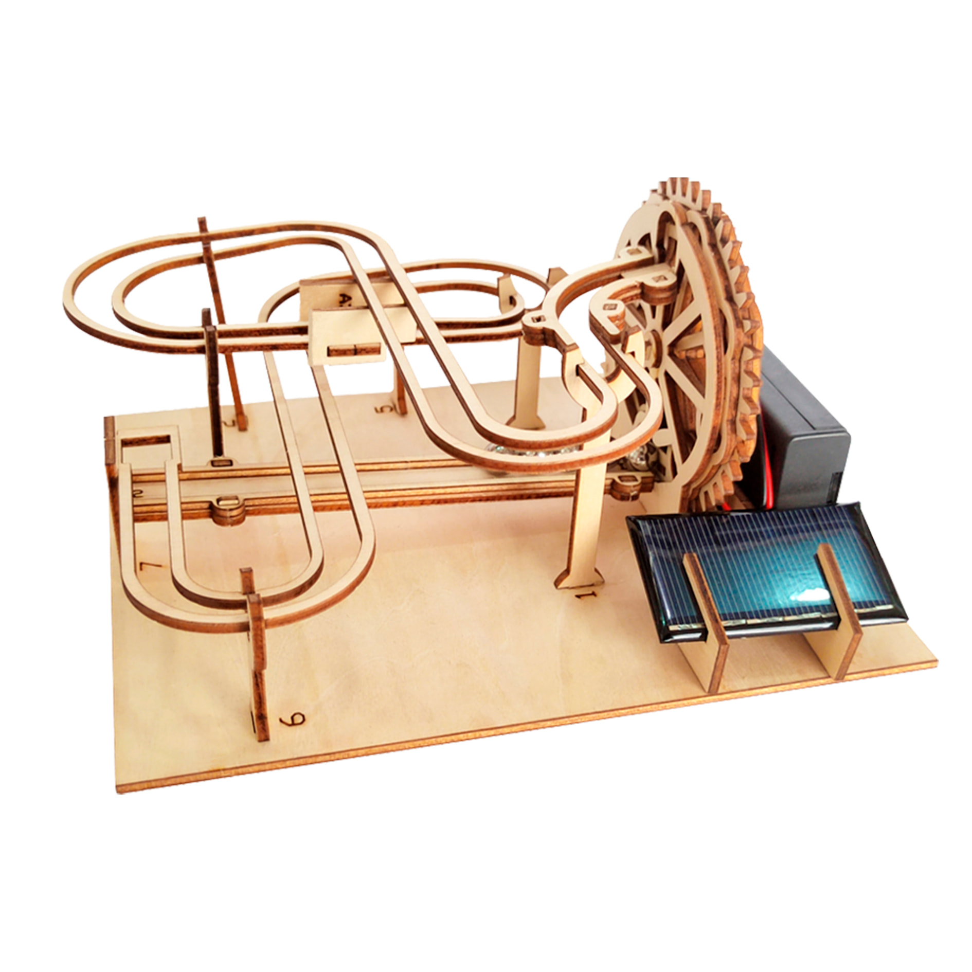 Maqueta de Madera 3D, con movimiento mecánico diseño de Pista de bolas con panel Solar.