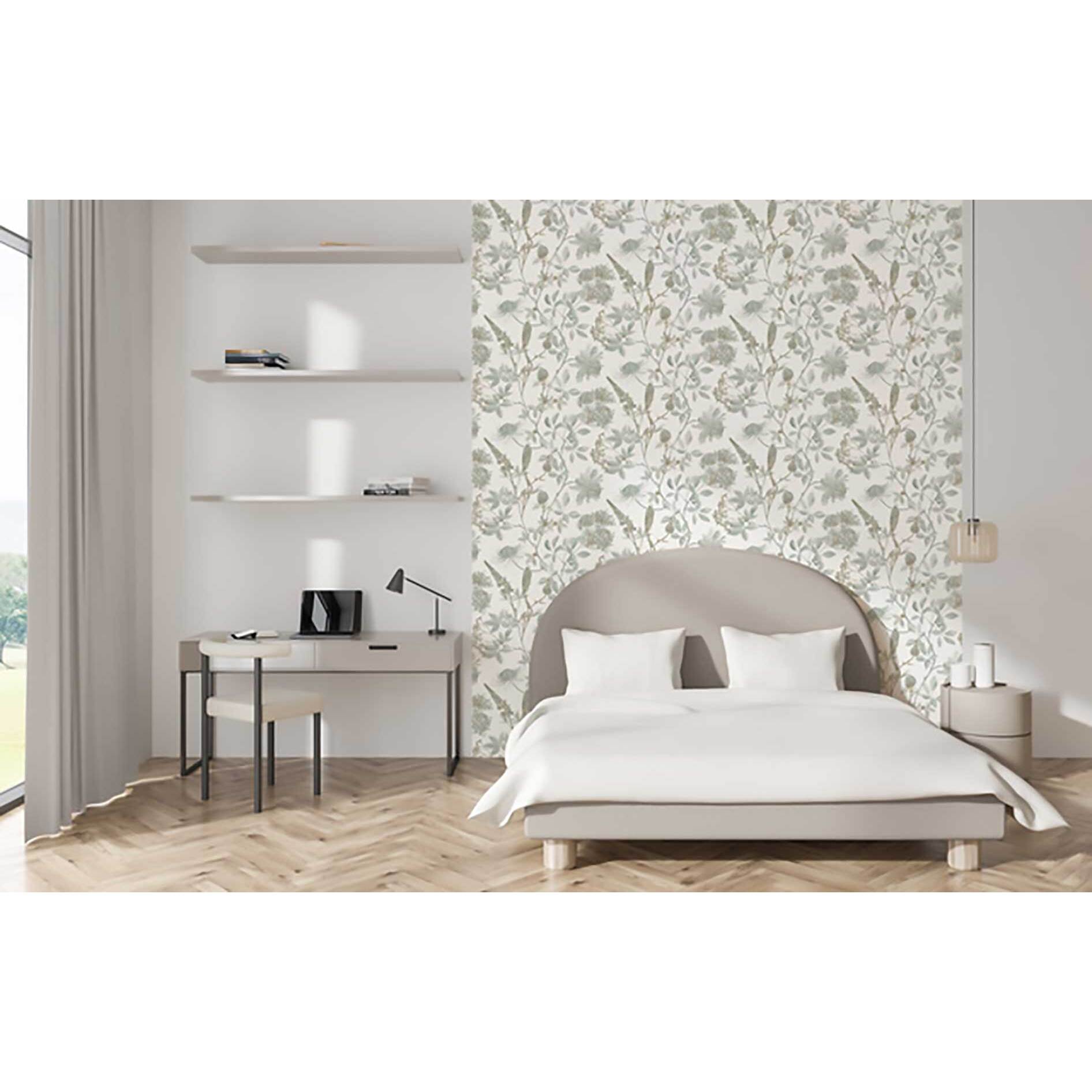 Papier peint floral botanique vert sauge fond blanc