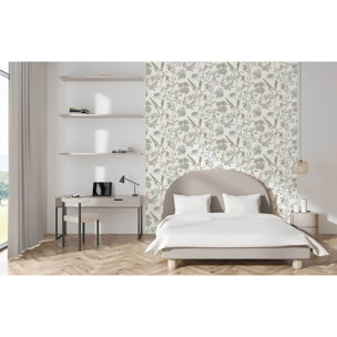 Papier peint floral botanique vert sauge fond blanc