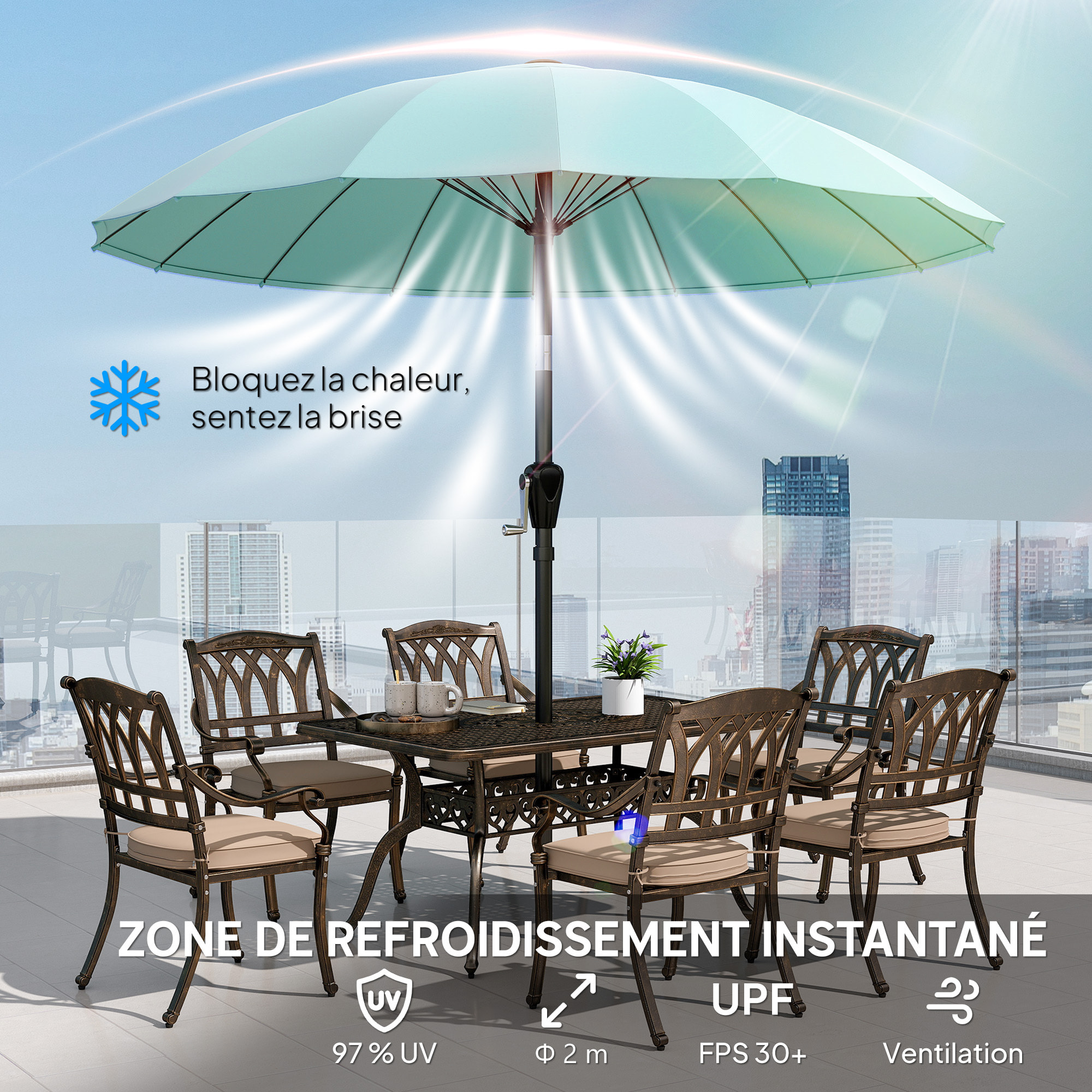 Parasol de jardin inclinable manivelle haute densité anti-UV 30+ turquoise