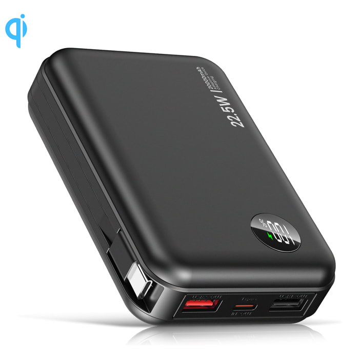 Powerbank 20.000mAh con ricarica rapida PD22,5W, cavo USB-C integrato. Schermo LED di carica.