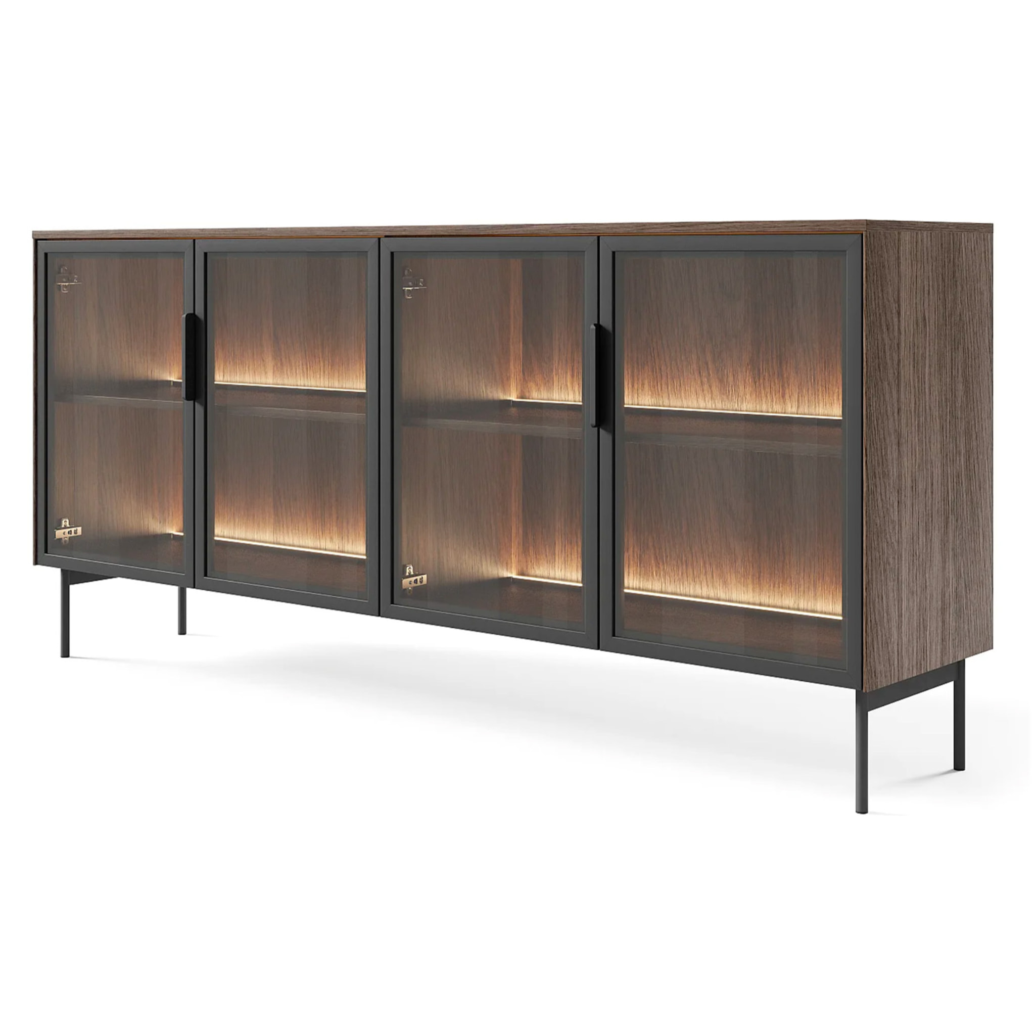 Credenza Madia Moderna 4 Ante In Vetro Illuminazione Led Interna In Melaminico Per Soggiorno Sala Da Pranzo 181.3 x 39.3 x 82.6 Cm Rovere Scuro