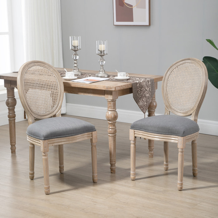 Lot de 2 chaises de salle à manger - chaise de salon médaillon style Louis XVI - bois massif sculpté, patiné - dossier cannage - aspect lin gris