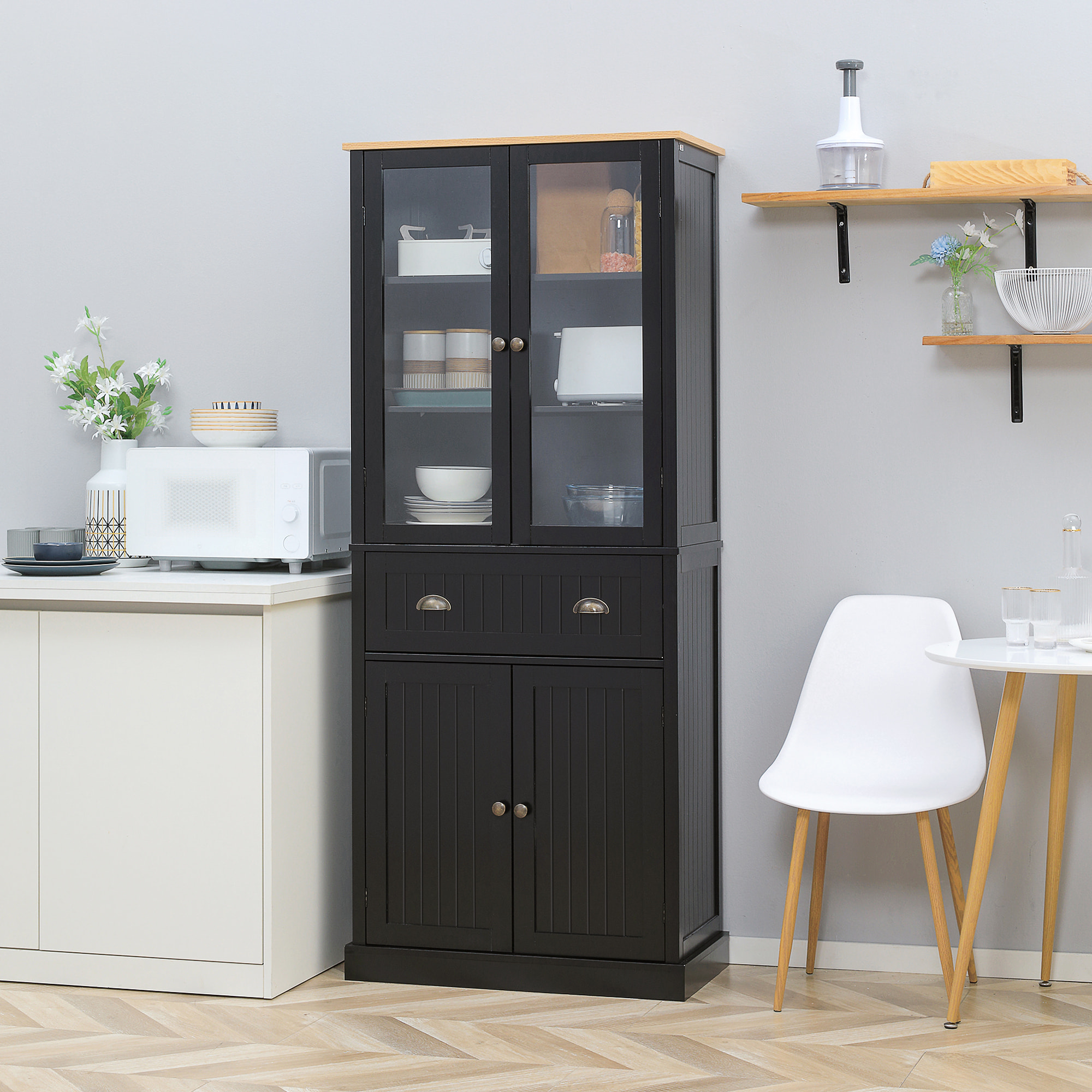 Armoire de cuisine buffet haut 4 portes grand tiroir coulissant dim. 76L x 40l x 182H cm panneaux noir verre