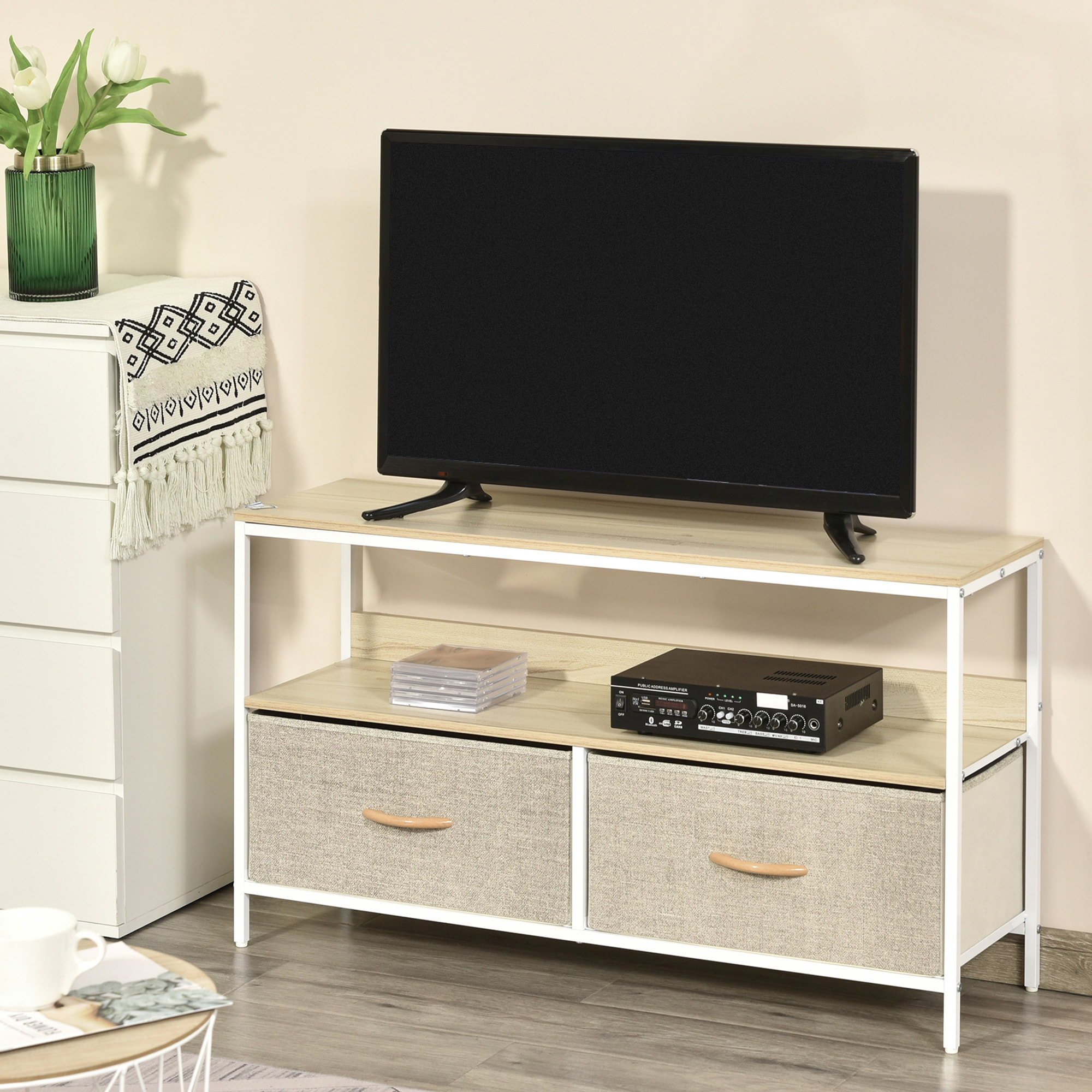 Meuble TV bas sur pieds style industriel 2 tiroirs tissu gris acier MDF blanc bois clair