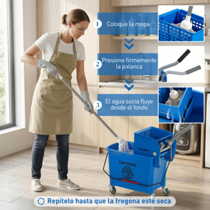 Cubo de Fregona con Ruedas Capacidad de 20 L Cubo de Fregar con Sistema de Escurridor Mopa y Asa de Transporte para Doméstico y Comercial Azul