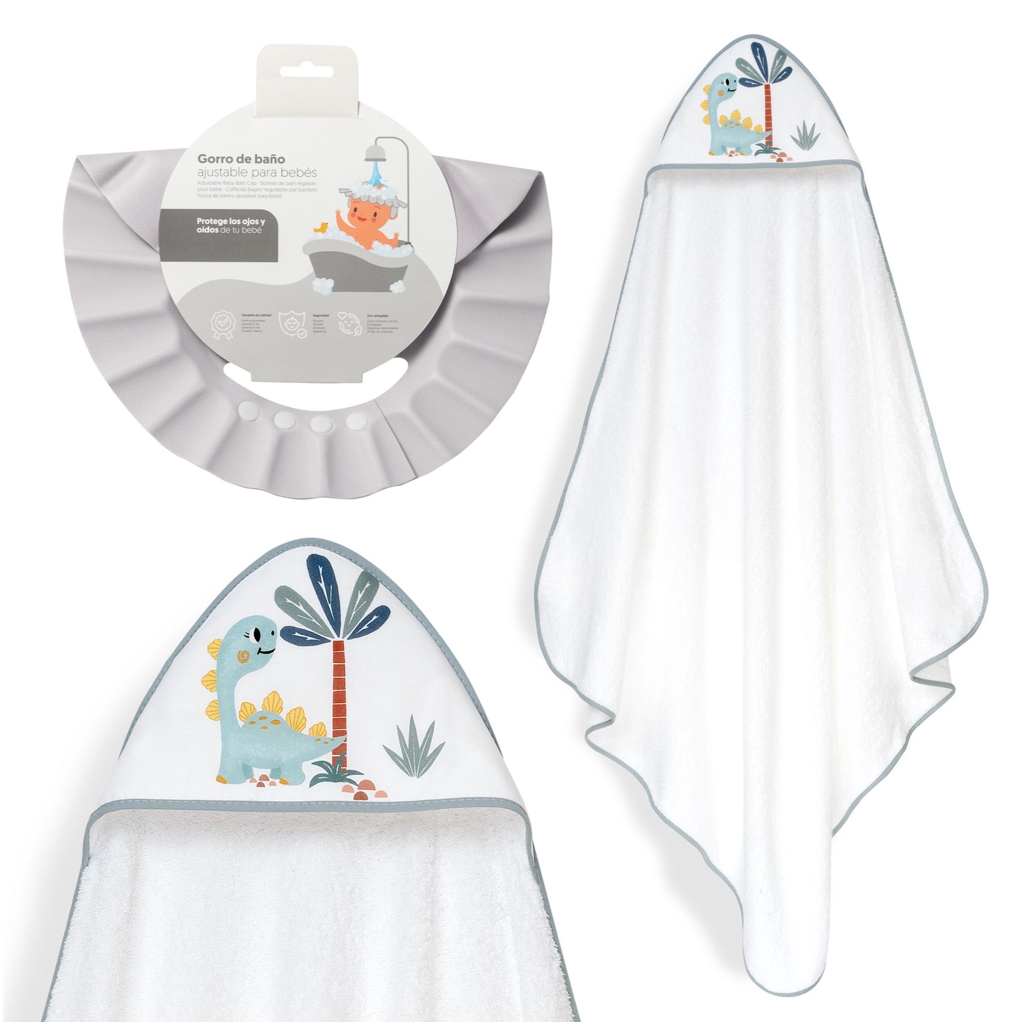 Capa Baño 1X1 Mod Estampado Dinosaurio Palmera+Gorro Bco/Gris