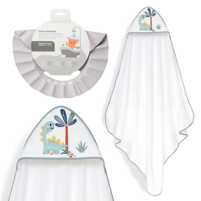 Capa Baño 1X1 Mod Estampado Dinosaurio Palmera+Gorro Bco/Gris