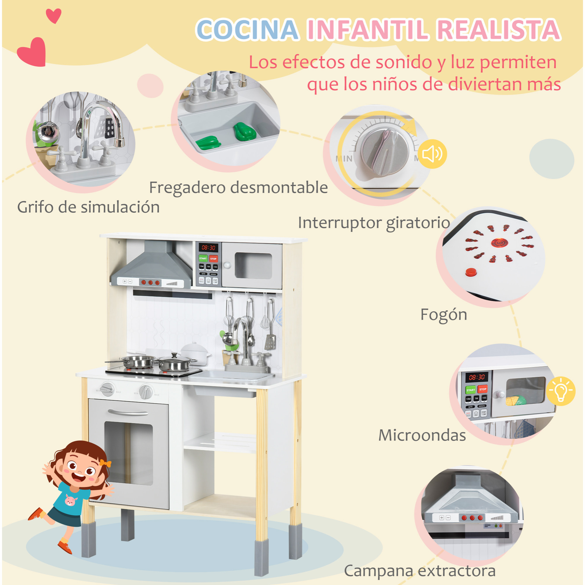 Cocina de Juguete Madera para Niños +3 Años con Altura Ajustable 60x30,5x93,2 cm