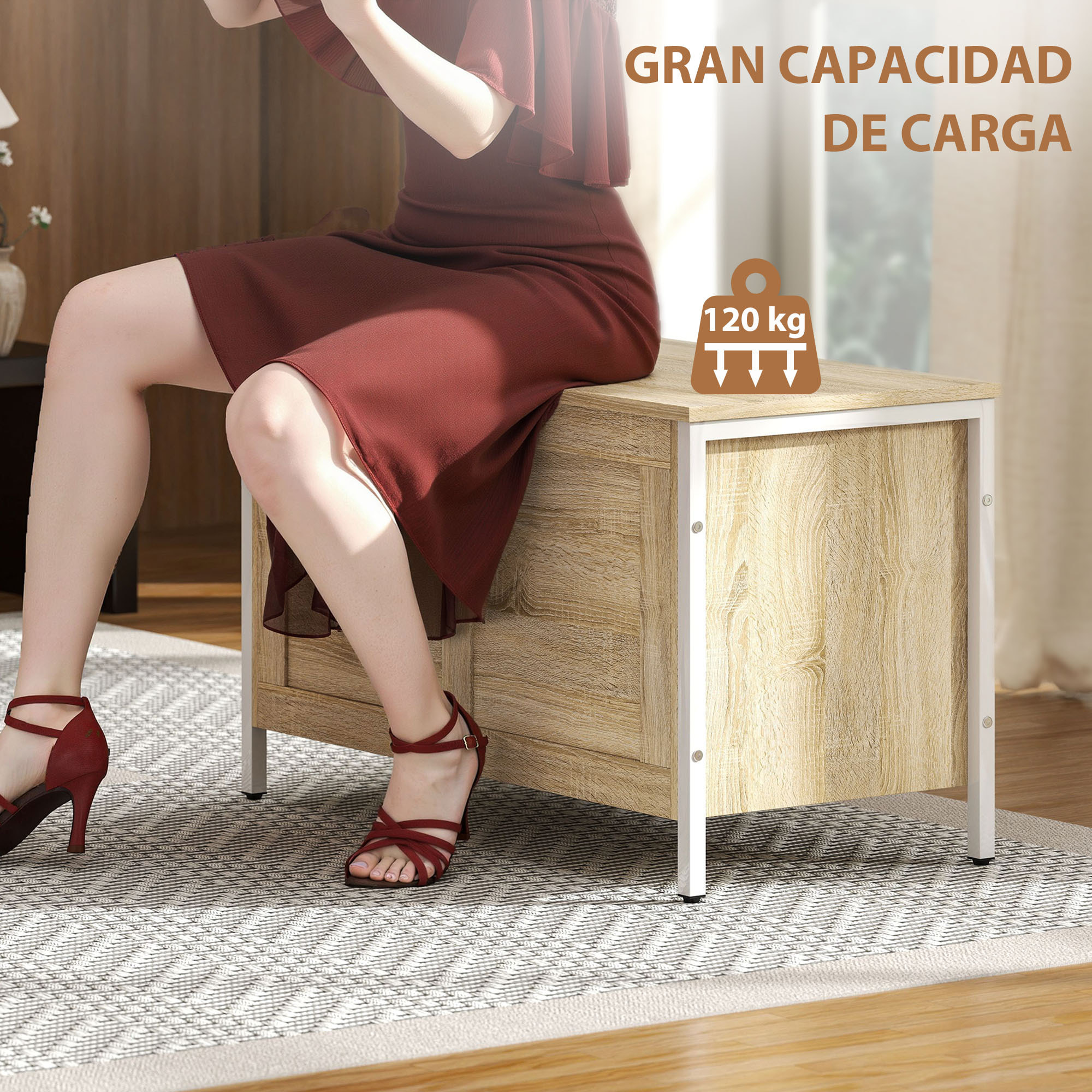 Baúl de Almacenaje para Dormitorio 95 L Banco de Almacenaje con Tapa Bisagra de Seguridad para Pasillo Salón 80x40x50 cm Roble