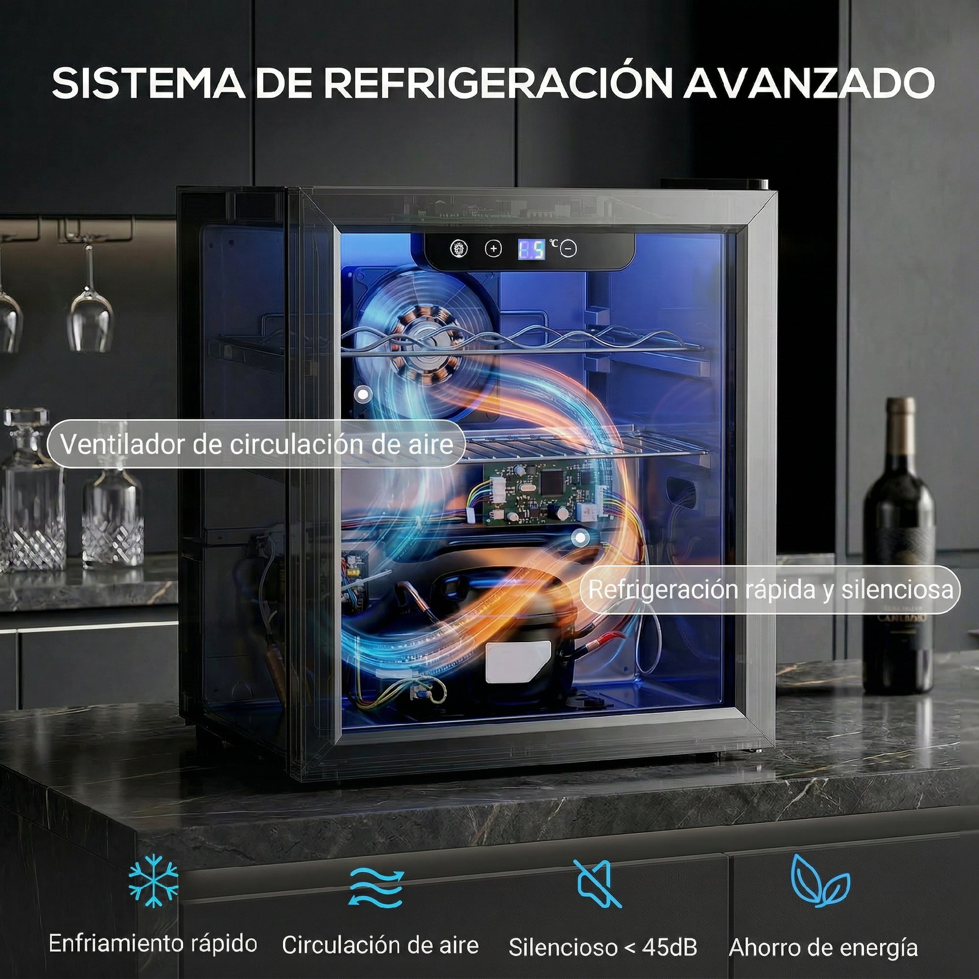 Vinoteca 12 Botellas, Nevera para Vinos con Capacidad de 36 L, Temperatura Ajustable 4-16℃, Puerta de Vidrio, Luz LED, Pantalla Táctil Digital, para Bebidas, Negro