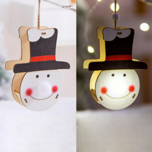 Decorazione da appendere in legno Natale illuminata a LED - Volto di pupazzo di neve