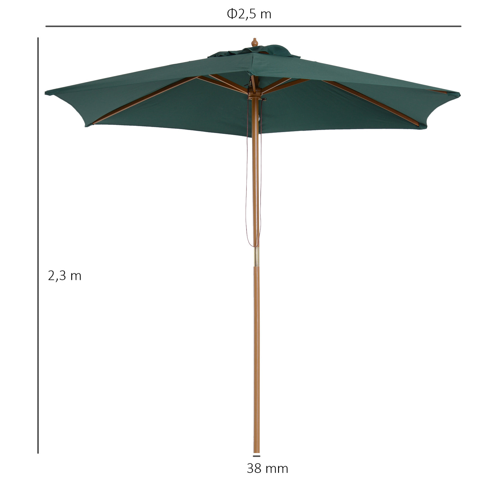 Sombrilla Parasol para Patio Mástil de Madera 2,5m Verde