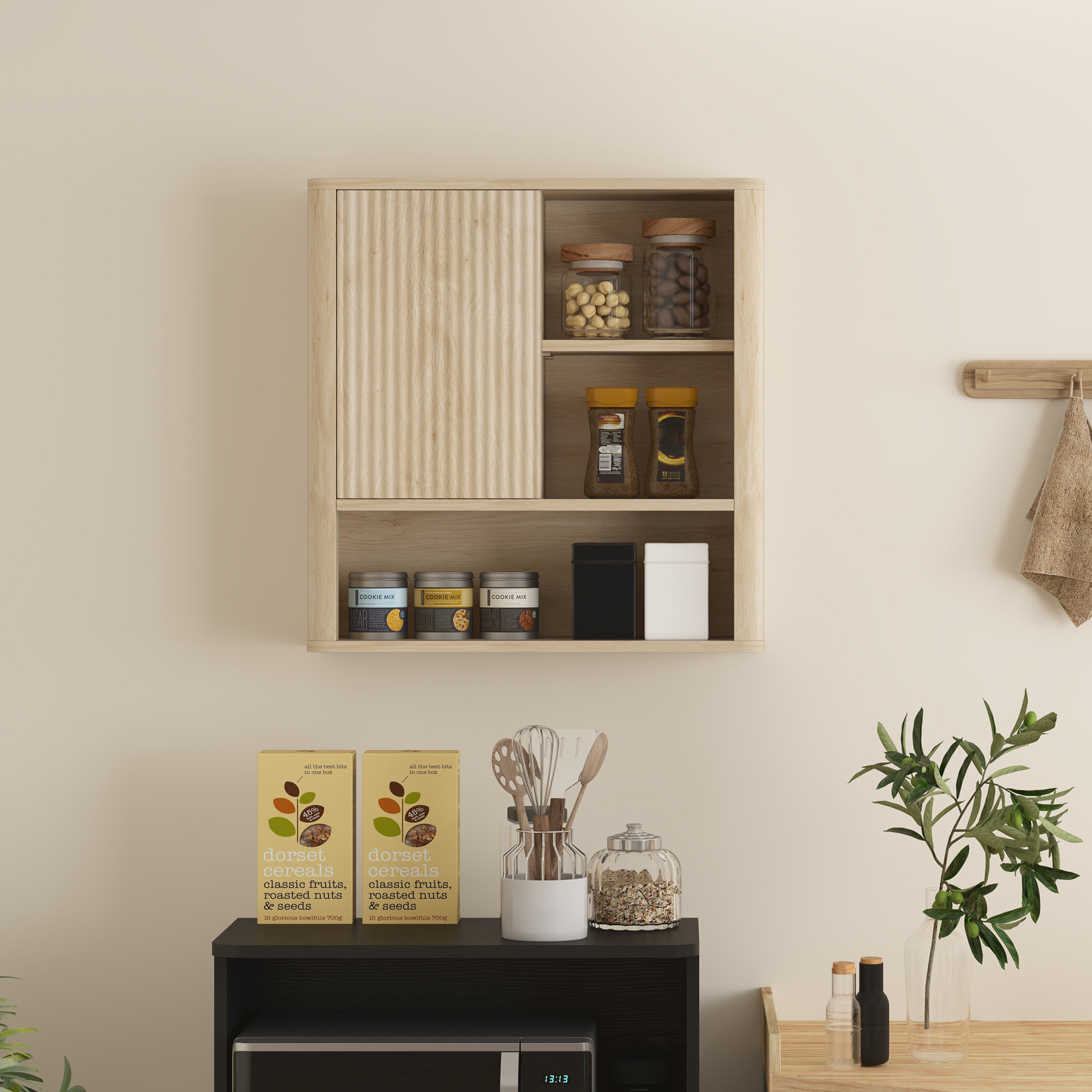 Armario de Baño de Pared Mueble de Baño Colgar con Estantes Ajustables Puerta Corredera Compartimentos y Diseño con Perfil Curvo 60x20x62 cm Natural