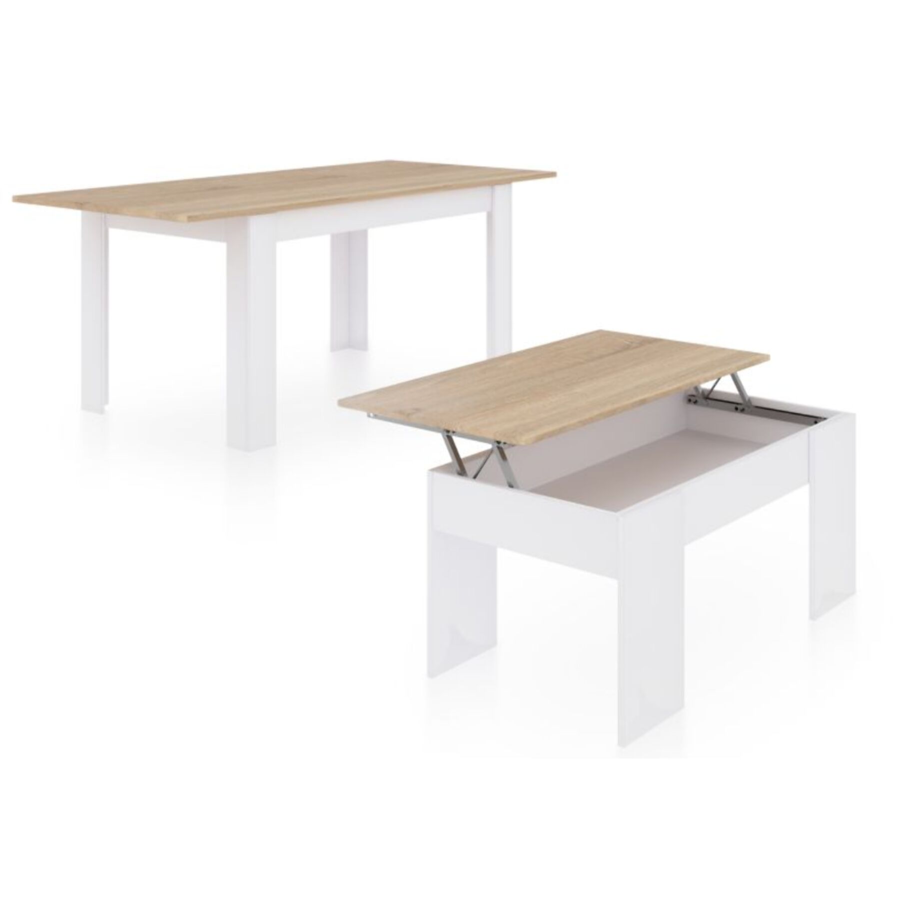 Pack mesa de comedor 123 y mesa de centro Vita Blanco Artik (Blanco Mate) - Roble Canadian
